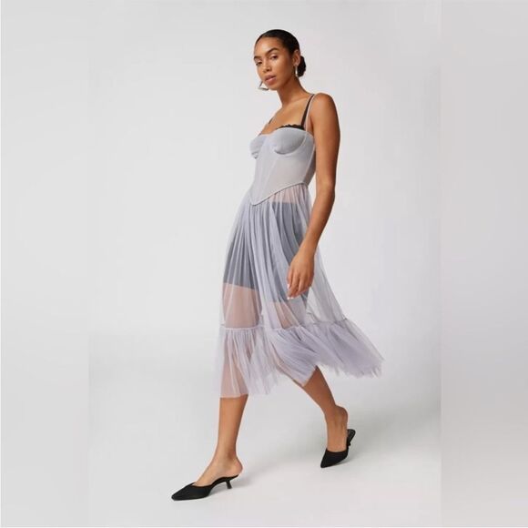 Urban Outfitters Dita Sheer Corset Midi Dress Sz M Blue Gray Tulle Sleeveless - Picture 3 of 16